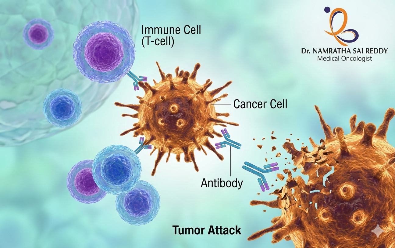 T-cell and antibodies attacking a cancer cell during immunotherapy treatment